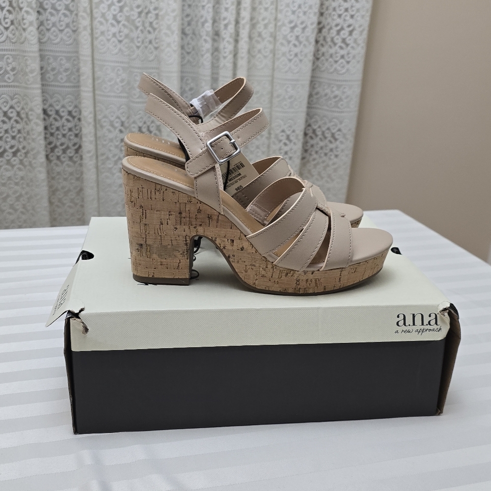 New Ana Cork Platform Block Heel Sandals Nude 9.5 Ankle Buckle Strap Boho Shoes - Picture 6 of 13